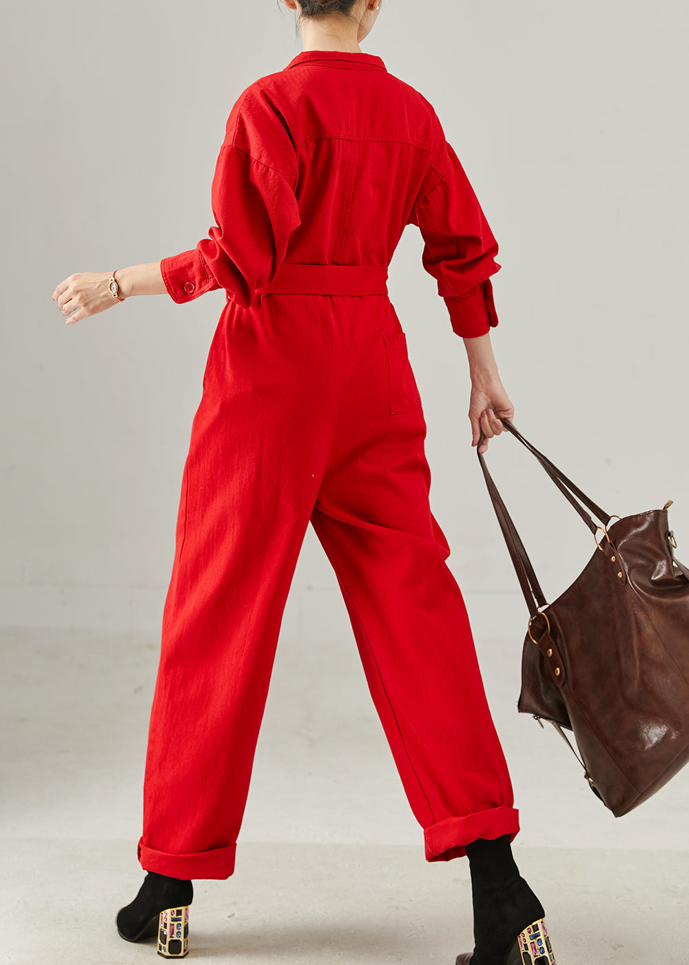 French Red Tie Waist Cotton Overalls Jumpsuits Fall