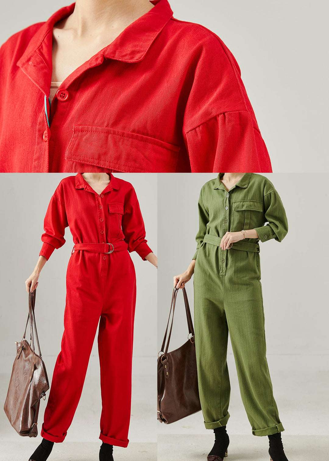 French Red Tie Waist Cotton Overalls Jumpsuits Fall