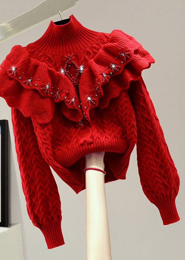 French Red Turtleneck Cotton Knit Sweater Winter