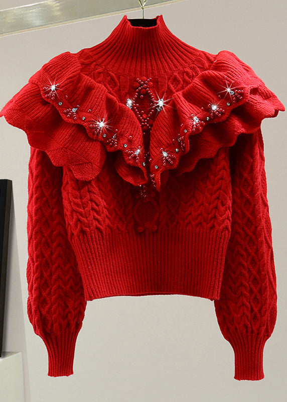 French Red Turtleneck Cotton Knit Sweater Winter