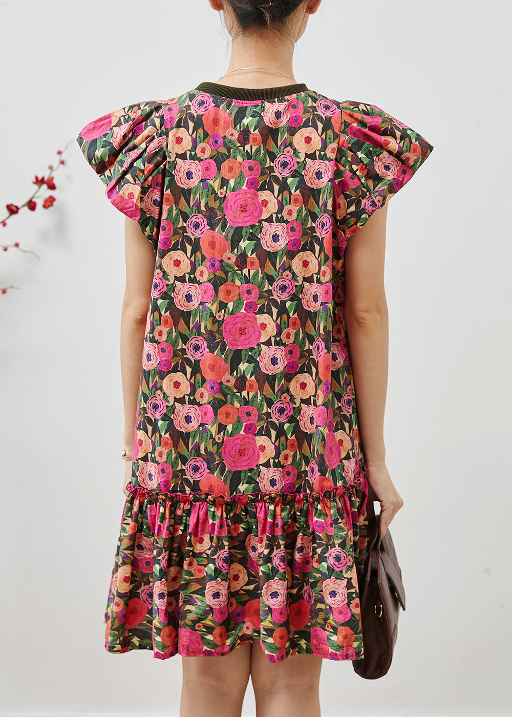 French Rose Floral Cotton Mini Dresses Petal Sleeve