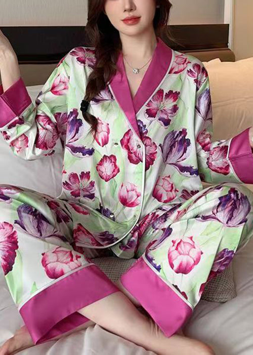 French Rose Peter Pan Collar Print Ice Silk Pajamas 2 Piece Outfit Spring