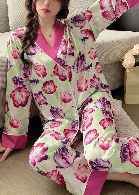 French Rose Peter Pan Collar Print Ice Silk Pajamas 2 Piece Outfit Spring