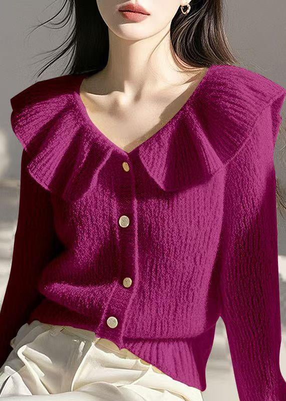 French Rose Ruffled Button Knit Cardigan Spring