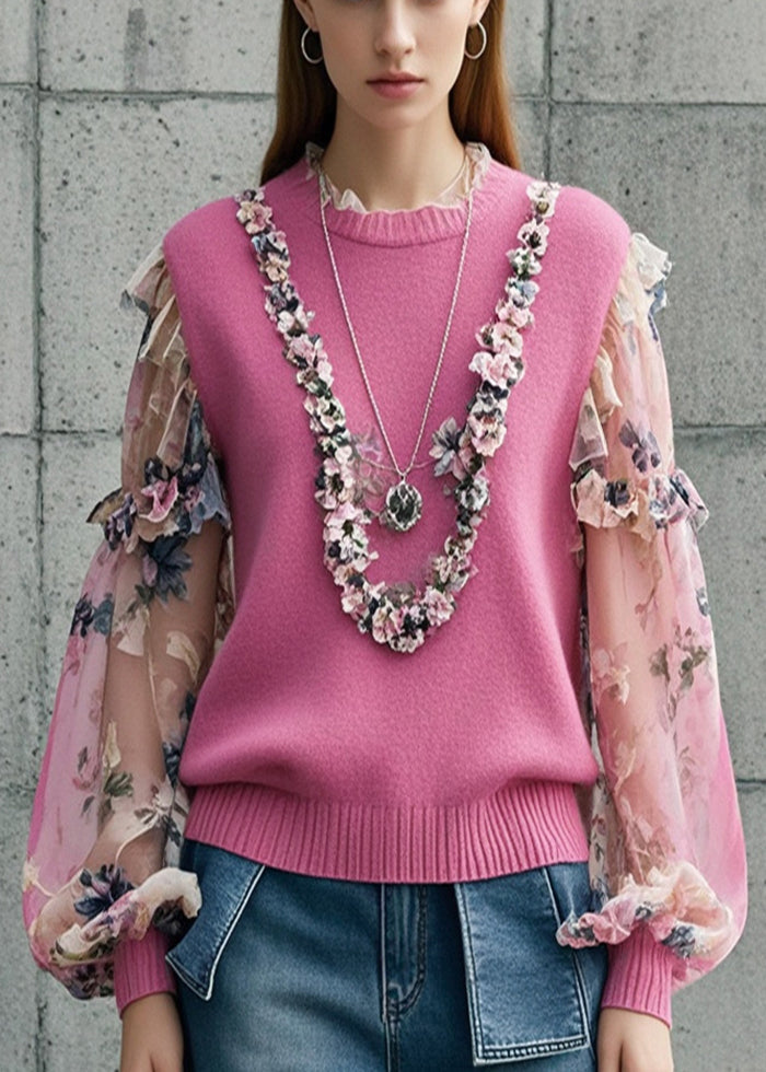 French Rose Ruffled Patchwork Print Knit Sweater Fall