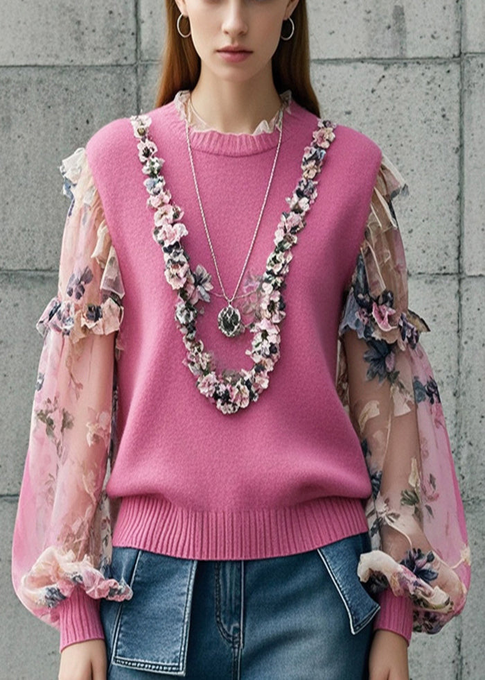 French Rose Ruffled Patchwork Print Knit Sweater Fall