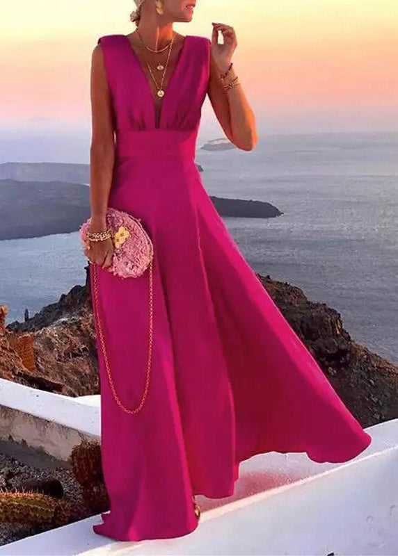 French Rose V Neck Patchwork Chiffon Long Dress Sleeveless