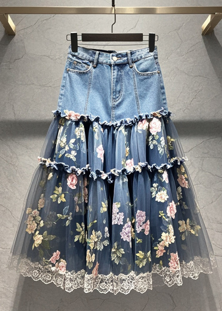 French Ruffled Patchwork Print Tulle Denim Skirt Fall