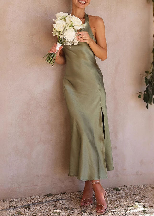 French Sexy Green Backless Side Open Silk Dress Summer