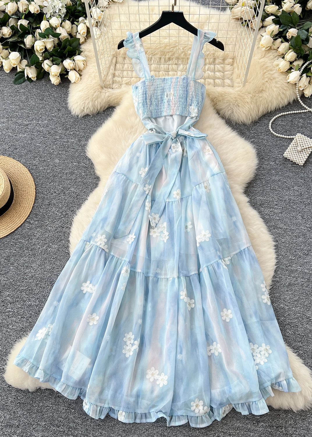 French Sky Blue Embroidered Chiffon Sundress Summer