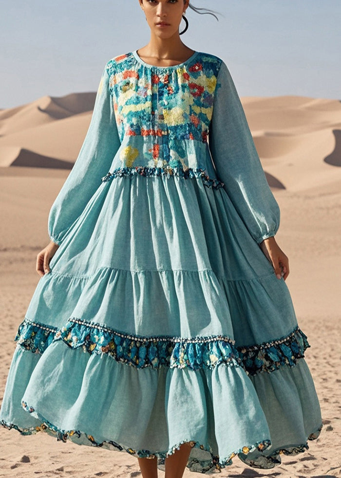 French Sky Blue Ruffled Print Cotton Long Dress Fall