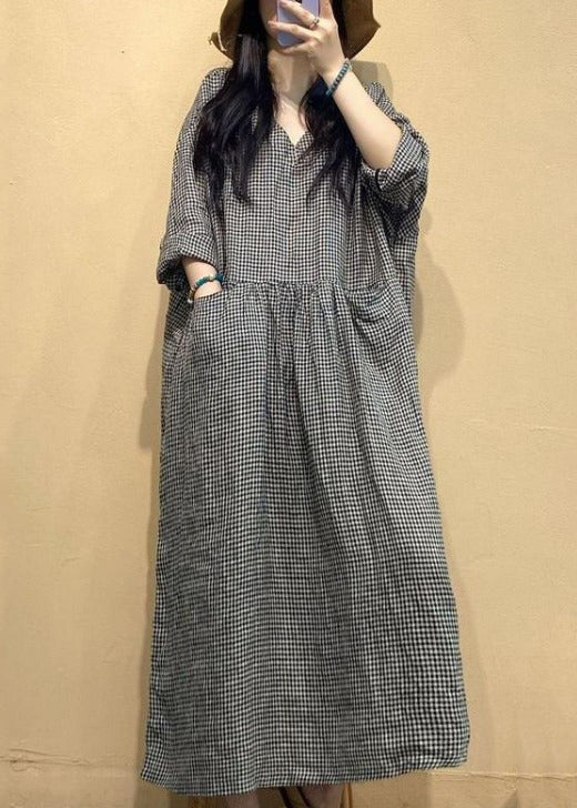 French Small Plaid V Neck Linen Long Dresses Fall