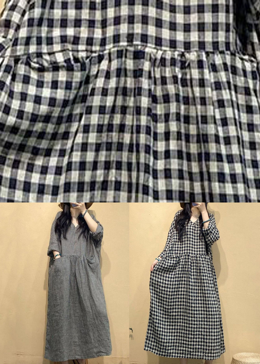 French Small Plaid V Neck Linen Long Dresses Fall