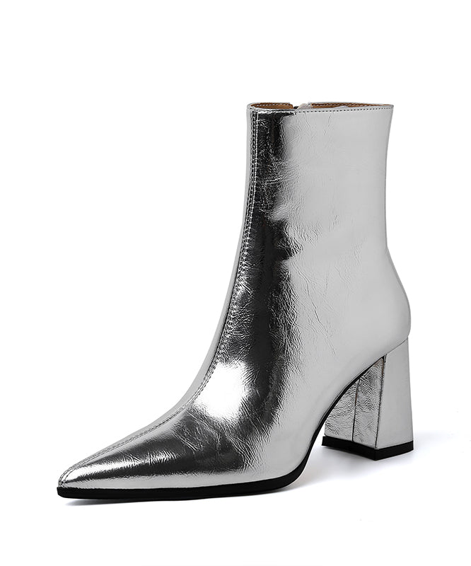 French Splicing Chunky Boots Silver Cowhide Leather Pointed Toe