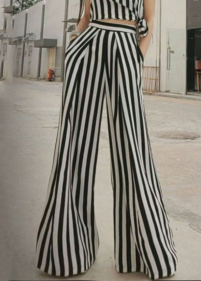 French Striped Pockets High Waist Cotton Wide Leg Pants Summer