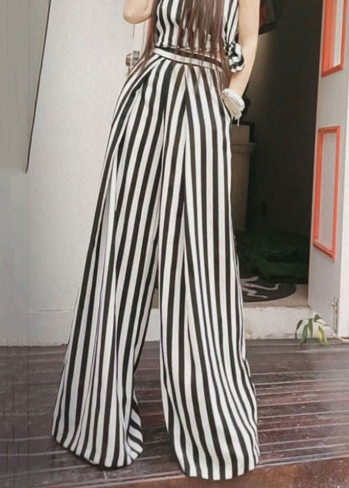 French Striped Pockets High Waist Cotton Wide Leg Pants Summer