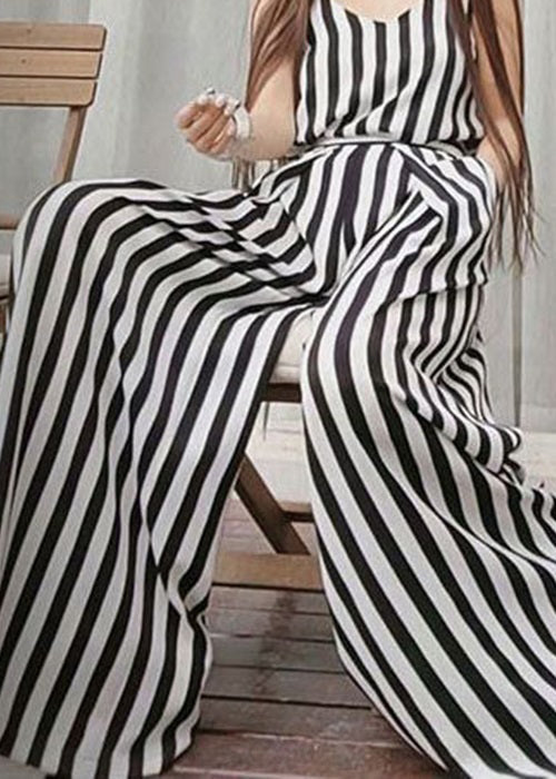 French Striped Pockets High Waist Cotton Wide Leg Pants Summer