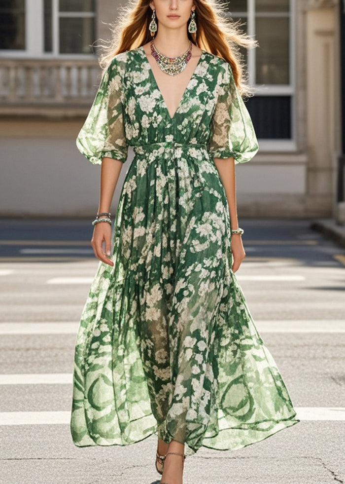 French Tea Green V Neck Print Chiffon Party Dress Summer