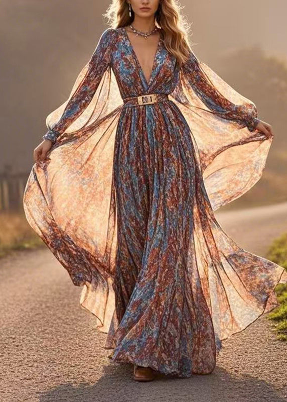 French V Neck Wrinkled Chiffon Long Dresses Lantern Sleeve