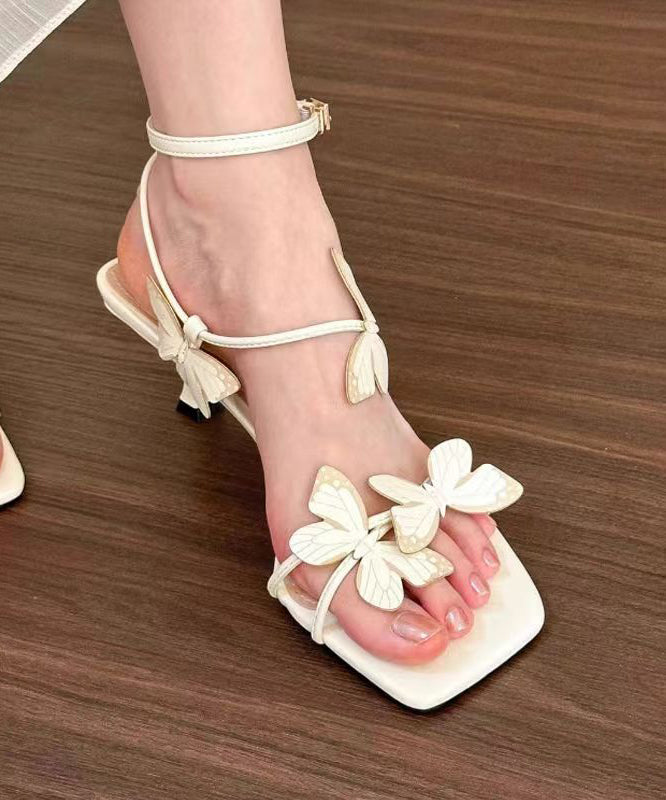 French White Butterfly Splicing Buckle Strap Stiletto Sandals Peep Toe