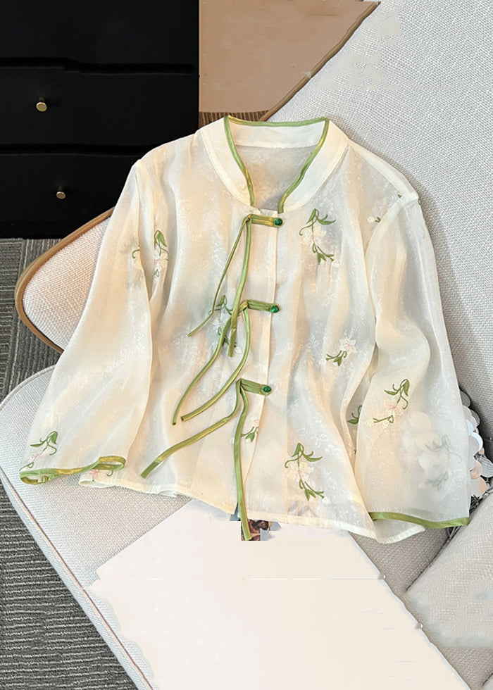 French White Chinese Button Embroidered Chiffon Shirt Long Sleeve