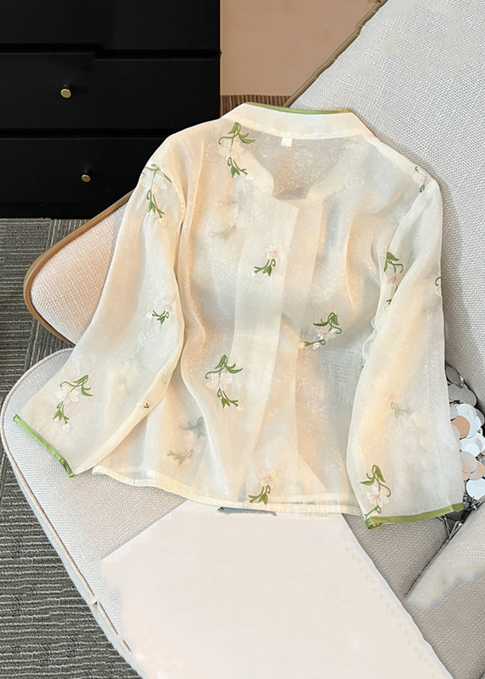 French White Chinese Button Embroidered Chiffon Shirt Long Sleeve