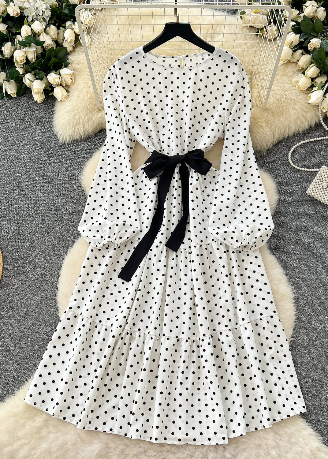 French White Cinched Dot Cotton Long Dress Spring