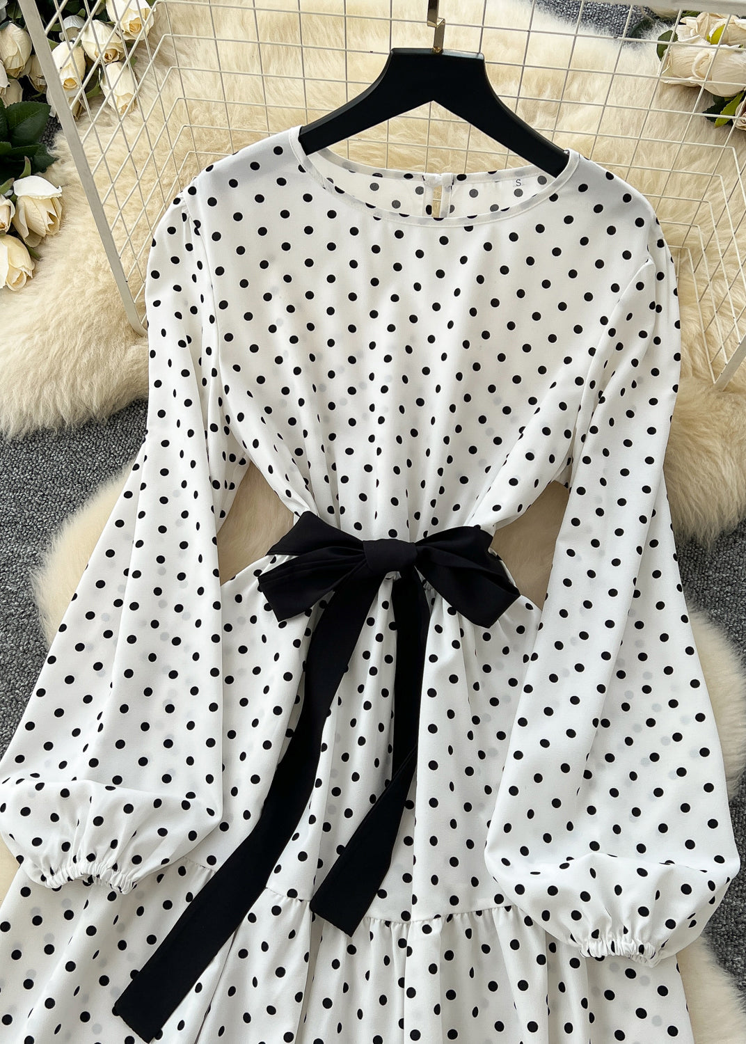 French White Cinched Dot Cotton Long Dress Spring