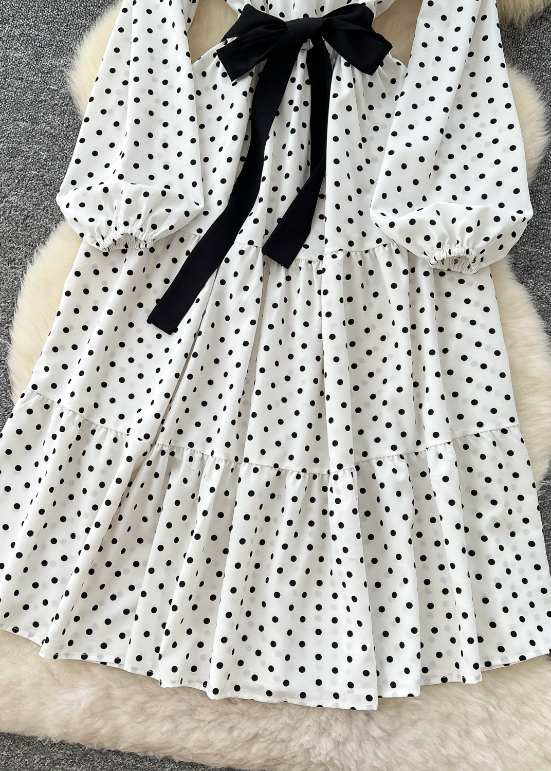 French White Cinched Dot Cotton Long Dress Spring