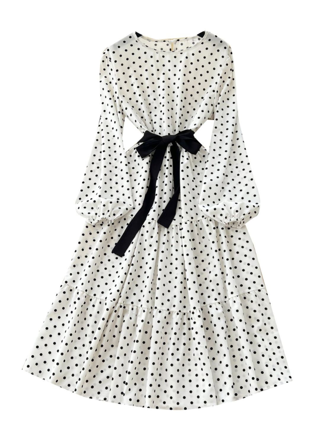 French White Cinched Dot Cotton Long Dress Spring