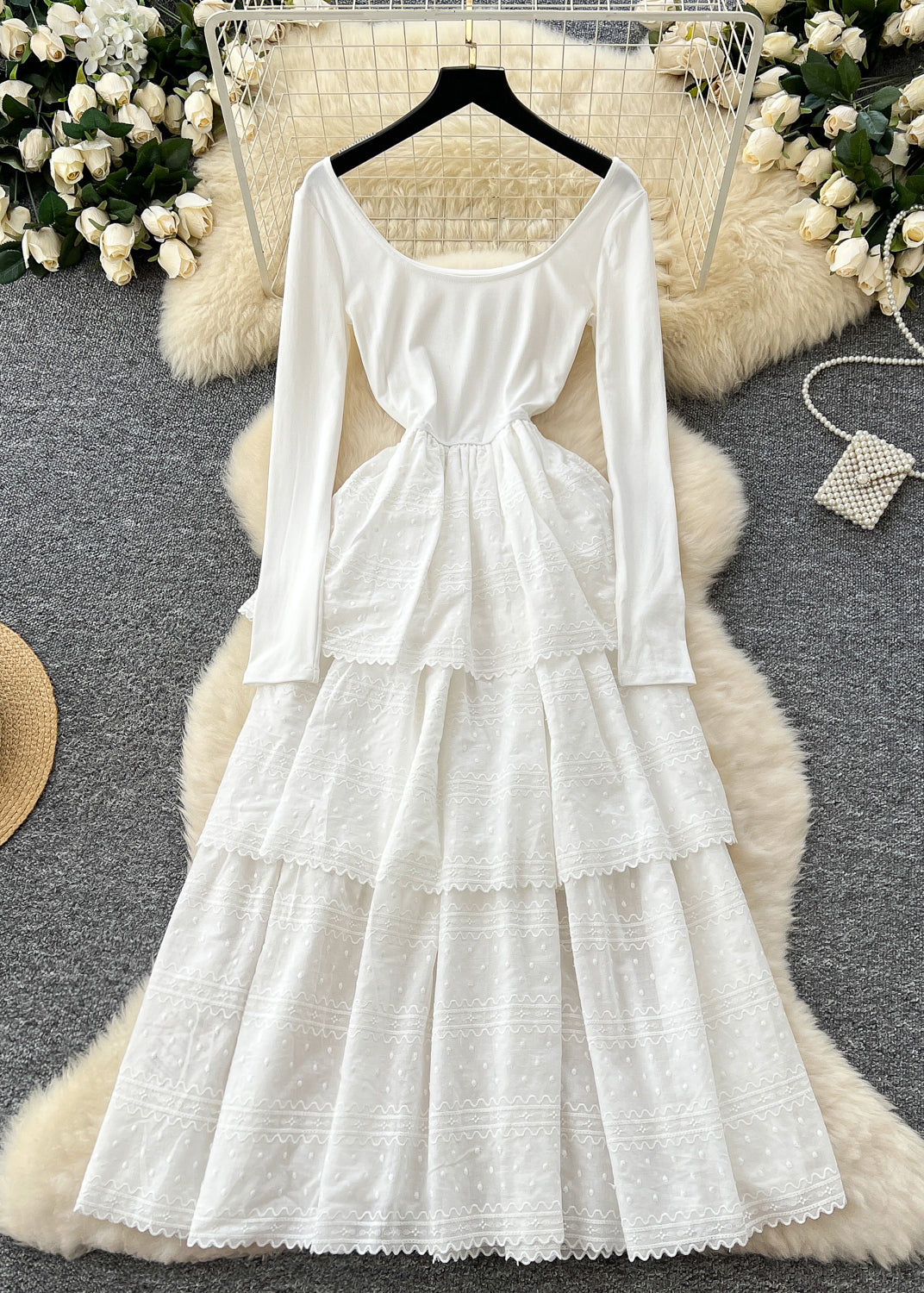 French White Embroidered Cotton Party Dress Spring