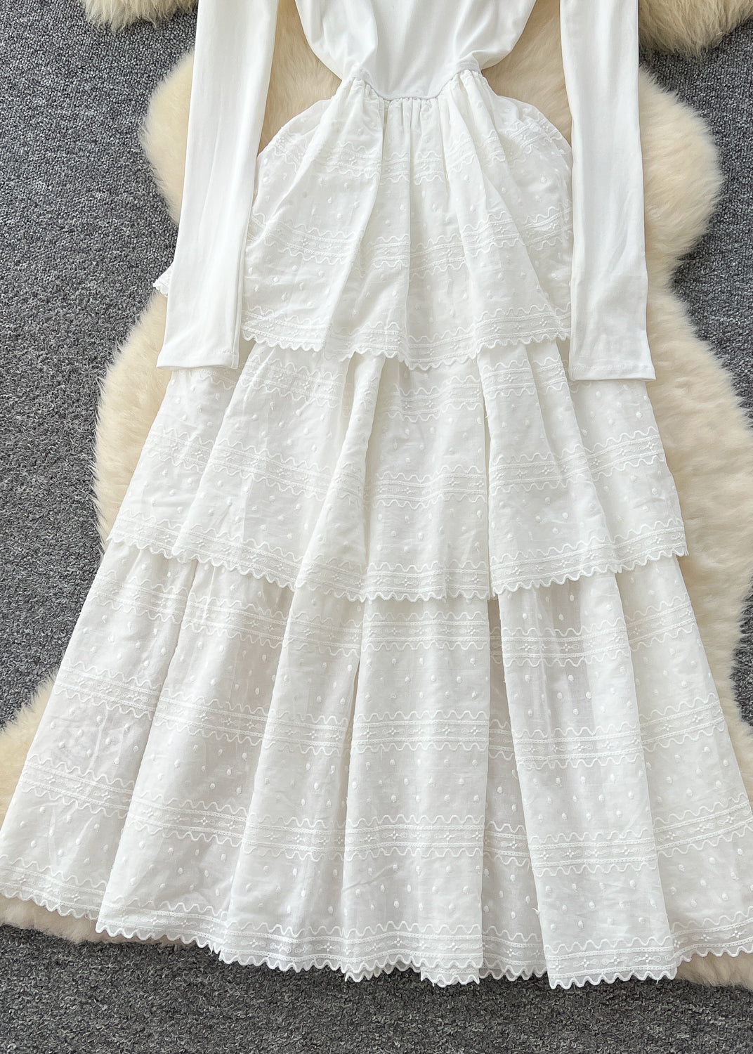 French White Embroidered Cotton Party Dress Spring