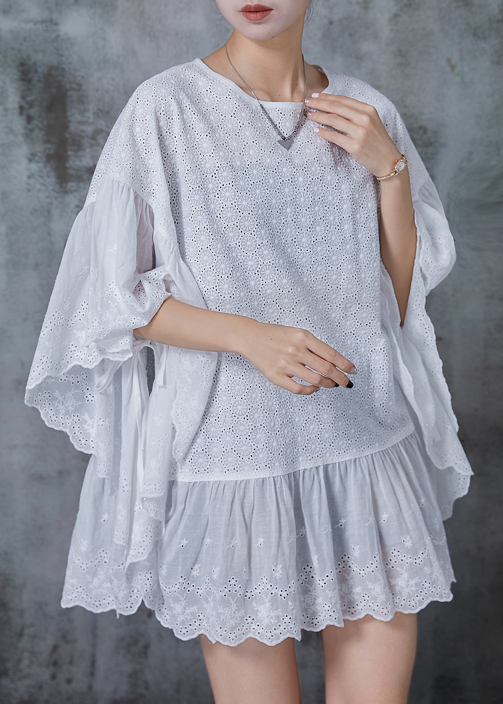 French White Oversized Patchwork Hollow Out Tank Batwing Sleeve