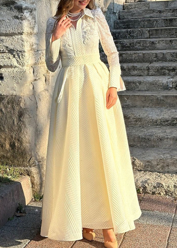 French White Peter Pan Collar Pearl Lace Long Dress Spring