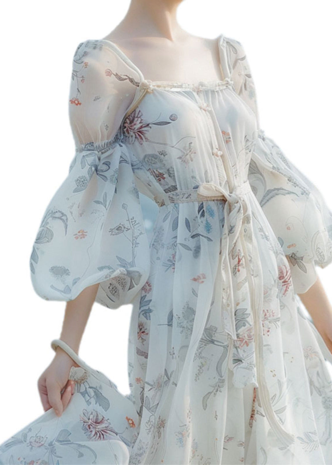 French White Print Tie Waist Long Dresses Lantern Sleeve