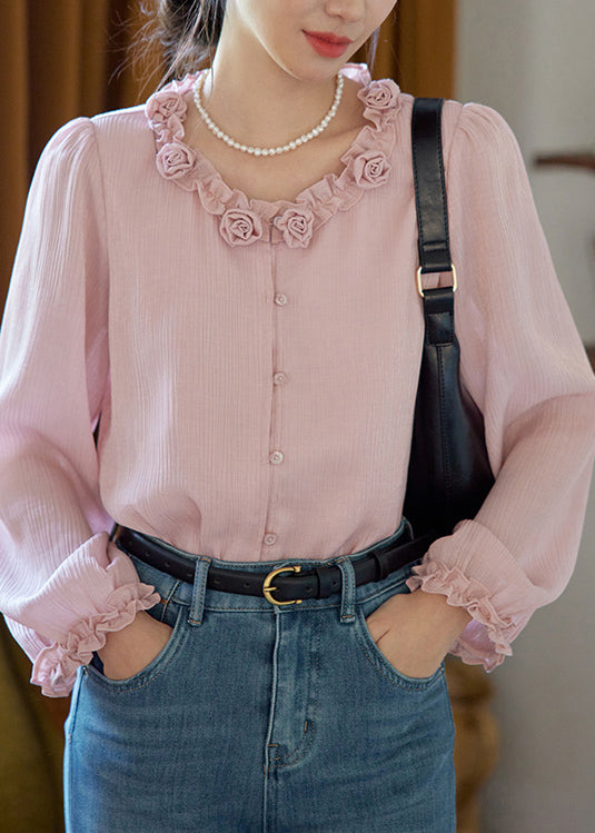 French White Ruffled Floral Cotton Shirts Spring