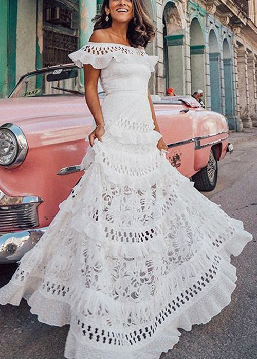 French White Ruffled Hollow Out Lace Maxi Dresses Summer