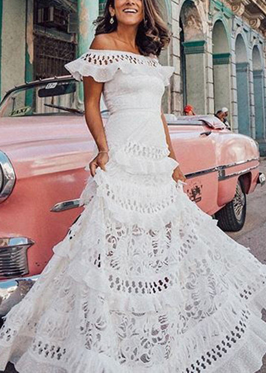 French White Ruffled Hollow Out Lace Maxi Dresses Summer