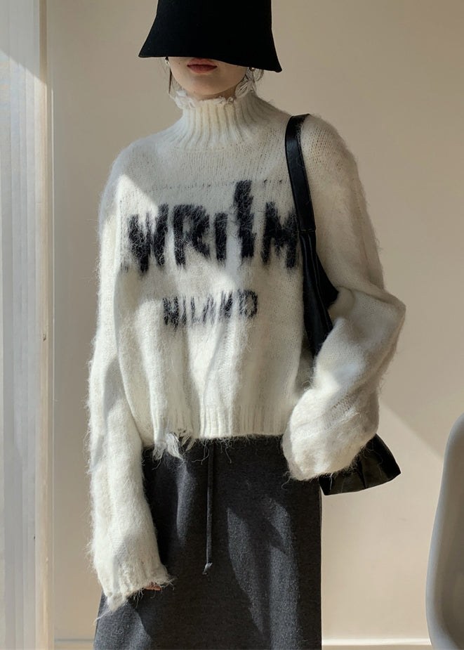 French White Turtleneck Hole Letter Knit Sweater Winter