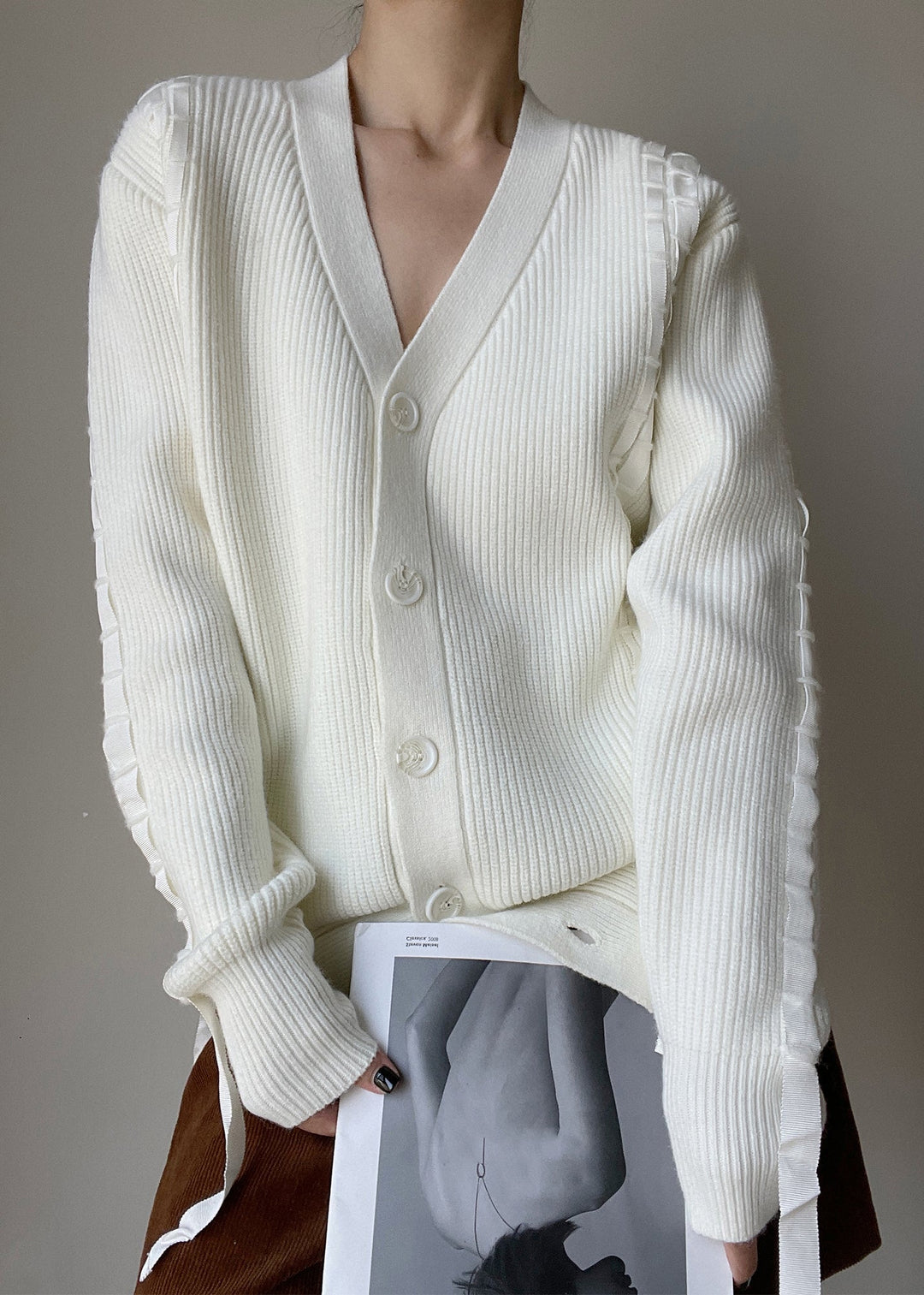 French White V Neck Button Knit Woolen Cardigans Spring