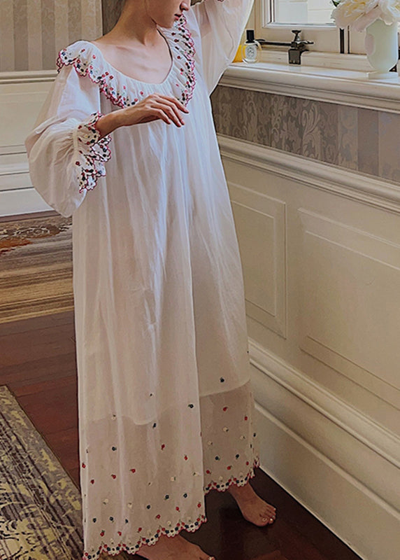 French White V Neck Embroidered Floral Maxi Dresses Long Sleeve