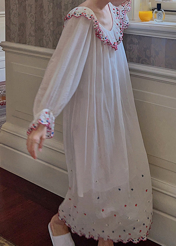 French White V Neck Embroidered Floral Maxi Dresses Long Sleeve