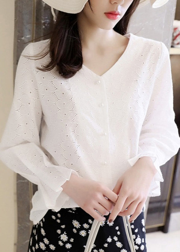 French White V Neck Hollow Out Embroidered Cotton Top Flare Sleeve