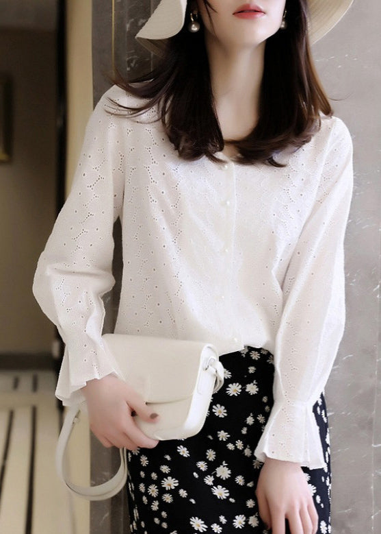 French White V Neck Hollow Out Embroidered Cotton Top Flare Sleeve