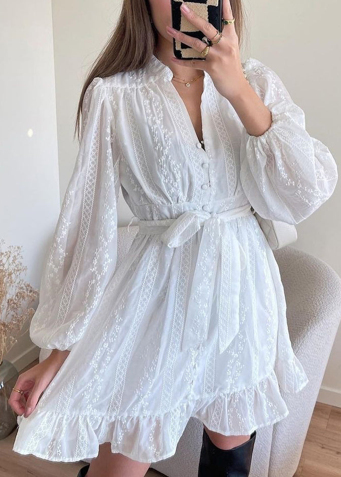 French White V Neck Ruffled Tie Waist Cotton Dress Fall