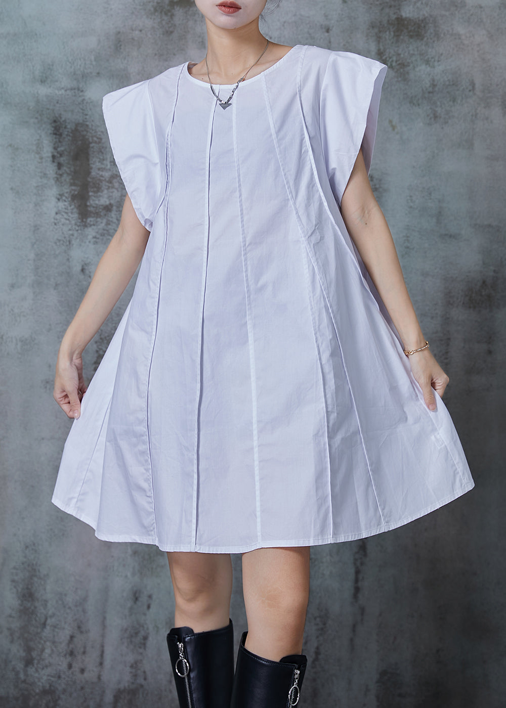 French White Wrinkled Cotton A Line Dress Summer