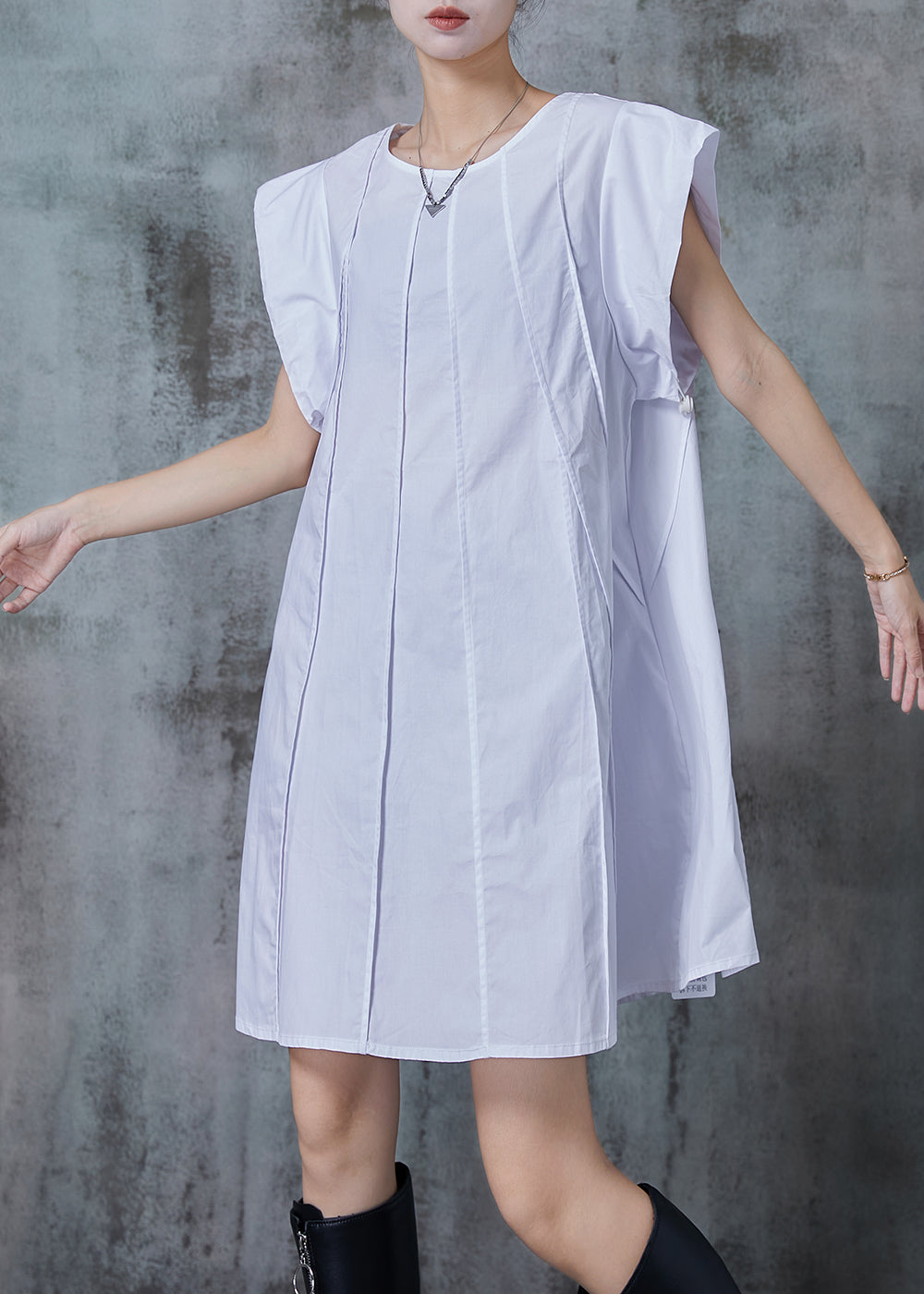 French White Wrinkled Cotton A Line Dress Summer