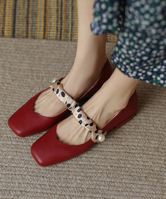 French Wine Red Soft Cowhide Leather Splicing Flats