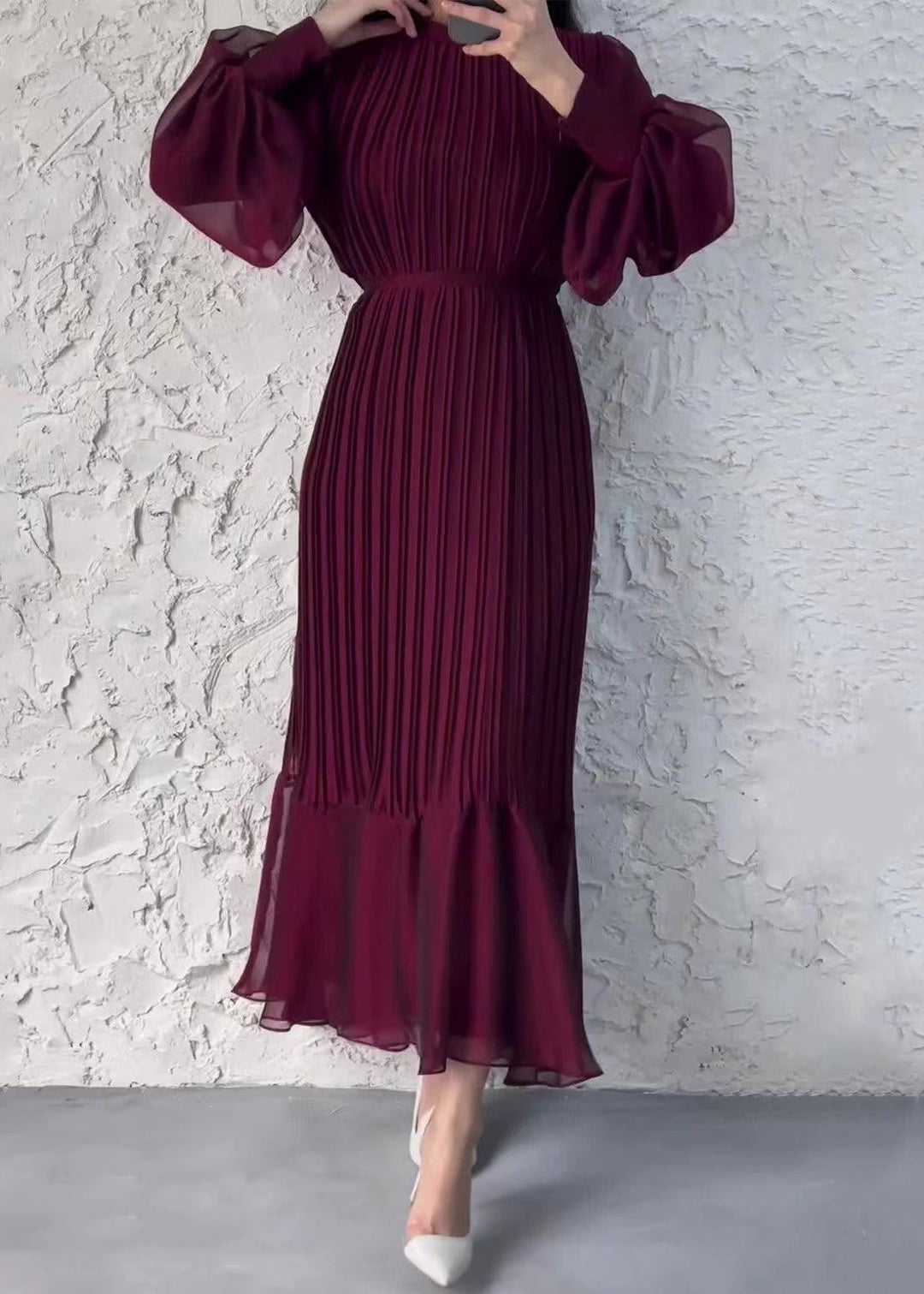 French Wine Red Wrinkled High Waist Chiffon Dress Fall