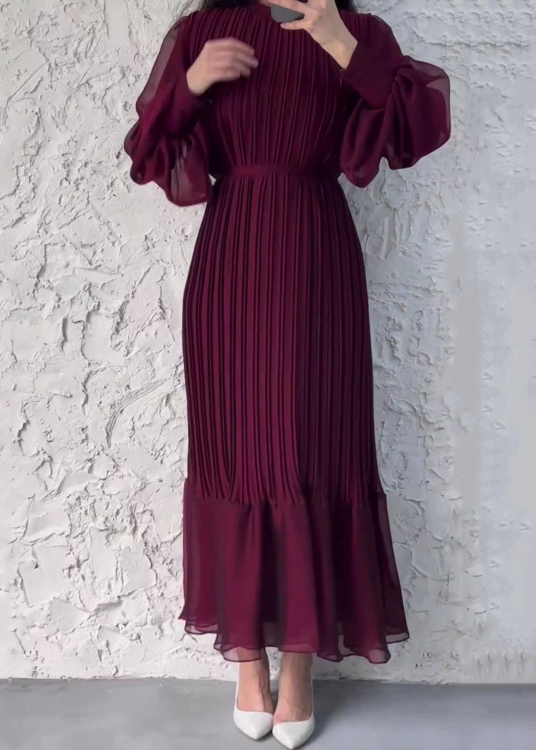 French Wine Red Wrinkled High Waist Chiffon Dress Fall